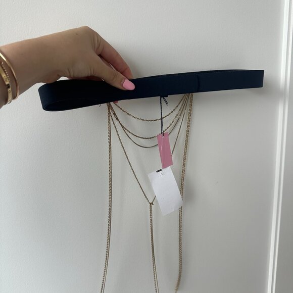 NWT Oscar De La Renta Navy Leather Belt With Gold-tone Chain Drape Accent - Picture 5 of 8